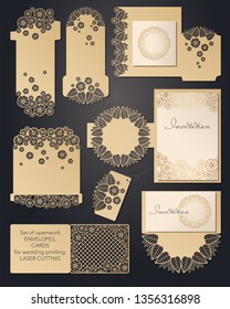 A set of carved wedding envelopes, pockets for laser cutting. Pocket for congratulations, invitations, wedding cards, party, romantic date. Festive set of openwork lace patterns for cutting paper and