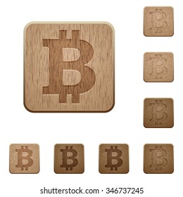Set of carved wooden bitcoin sign buttons. 8 variations included. Arranged layer structure.
