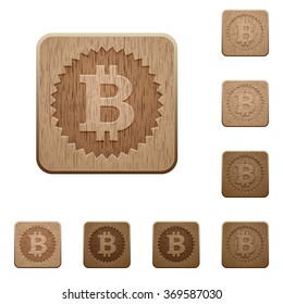 Set of carved wooden Bitcoin sticker buttons in 8 variations.