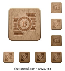 Set of carved wooden bitcoins buttons in 8 variations.