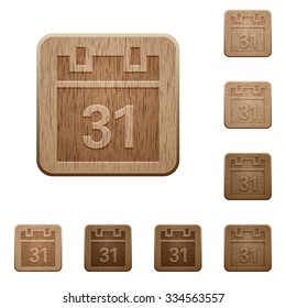 Set of carved wooden calendar buttons. 8 variations included. Arranged layer structure.