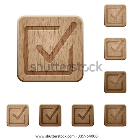 Set of carved wooden checked box buttons. 8 variations included. Arranged layer structure.