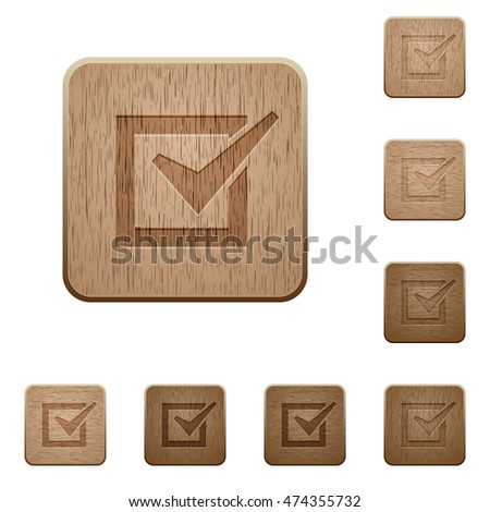 Set of carved wooden checked box buttons in 8 variations.