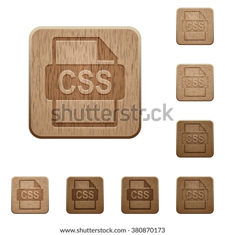 Set of carved wooden CSS file format buttons in 8 variations.