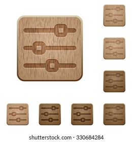 Set of carved wooden horizontal adjustment buttons. 8 variations included. Arranged layer structure.