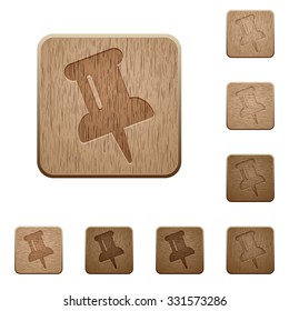 Set of carved wooden pin buttons. 8 variations included. Arranged layer structure.