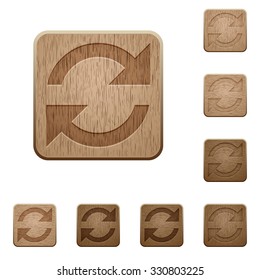 Set of carved wooden refresh buttons. 8 variations included. Arranged layer structure.