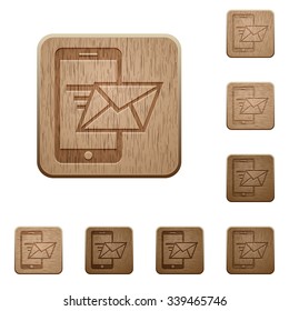 Set of carved wooden send mail buttons. 8 variations included. Arranged layer structure.