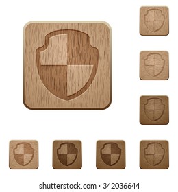 Set of carved wooden shield buttons. 8 variations included. Arranged layer structure.