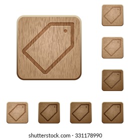 Set of carved wooden tag buttons. 8 variations included. Arranged layer structure.