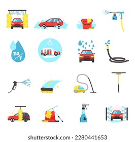 Conjunto de iconos de lavavajillas aislados en fondo blanco. Gran colección de signos pictogramas del proceso de lavado de coches. Colorido logo para imprimir en volante y afiche web. Limpieza de automóviles. Ilustración vectorial plana