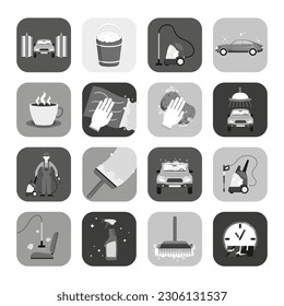 Set of carwash icons isolated on white background. Big collection of pictogram signs of car wash process. Colorful logo for print on flyer and web poster. Automobile cleaning. Flat vector illustration