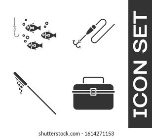 Set Case or box container for wobbler and gear fishing equipment, Fishing hook under water with fish, Fishing net and Fishing line with hook and float icon. Vector