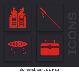 Set Case or box container for wobbler and gear fishing equipment, Fishing jacket, Fishing net and Fishing lure icon. Vector