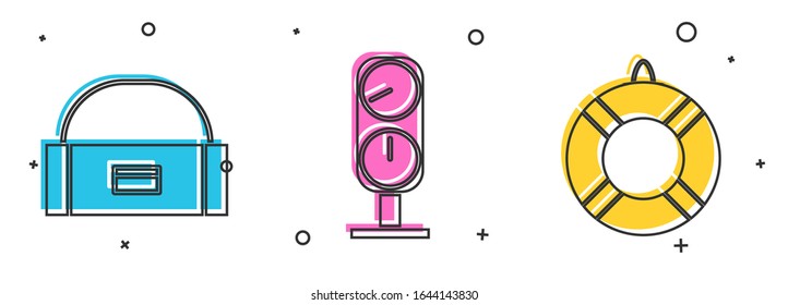 Set Case or box container for wobbler, Gauge scale and Lifebuoy icon. Vector
