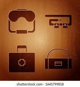 Set Case or box container for wobbler, Diving mask, First aid kit and Diving belt on wooden background. Vector