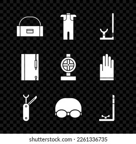 Set Case or box container for wobbler, Wetsuit scuba diving, Snorkel, Swiss army knife, Glasses and cap swimming, Underwater note book pencil and Industry metallic pipes valve icon. Vector