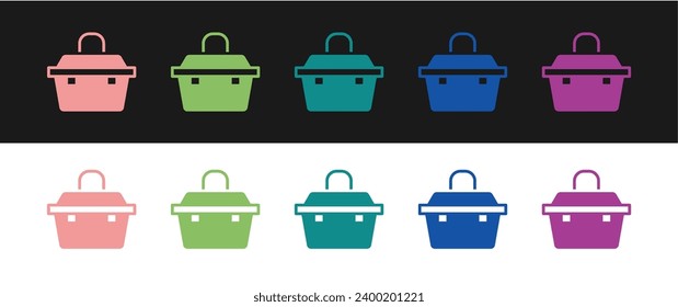 Set Case or box container for wobbler and gear fishing equipment icon isolated on black and white background. Fishing tackle.  Vector