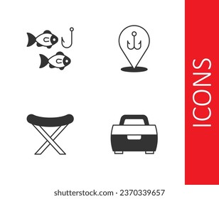 Set Case or box for fishing equipment, Fishing hook with, Camping folding chair and  icon. Vector