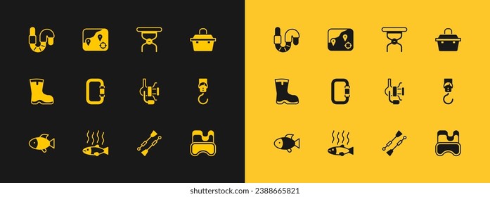 Set Case or box for fishing equipment, Dead, Spinning reel, Oars paddles boat, Carabiner, Camping folding chair, Worm and Location icon. Vector