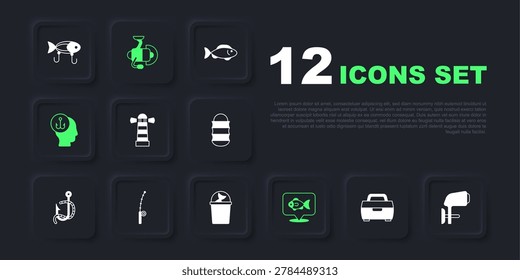 Set Case or box for fishing equipment, Outboard boat motor, Lighthouse, Location, Fisherman, Fishing rod, Spinning reel and bucket with icon. Vector
