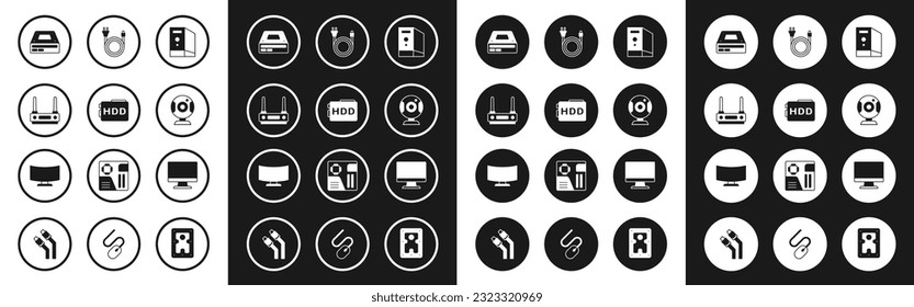 Set Case of computer, Hard disk drive HDD, Router and wi-fi signal, Optical disc, Web camera, Electric plug, Computer monitor screen and  icon. Vector