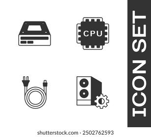 Set Case of computer, Optical disc drive, Electric plug and Processor with CPU icon. Vector