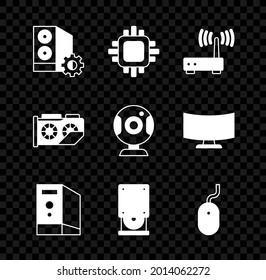 Set Case of computer, Processor with CPU, Router and wi-fi signal, Optical disc drive, Computer mouse, Video graphic card and Web camera icon. Vector