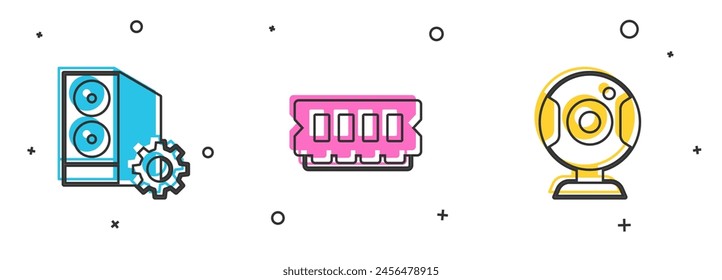 Set Case of computer, RAM, random access memory and Web camera icon. Vector