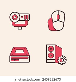 Set Case of computer, Web camera, Computer mouse and Optical disc drive icon. Vector