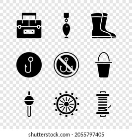 Set Case container for wobbler, Fishing spoon, boots, float, Ship steering wheel, Spinning reel fishing, hook and No icon. Vector