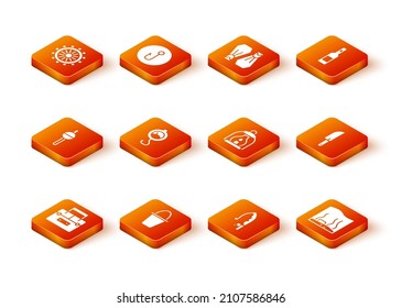 Set Case container for wobbler, Fishing bucket, float, Spring scale, rod, Camping lantern, Aquarium and Knife icon. Vector