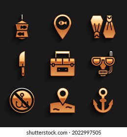 Set Case container for wobbler, Location fishing, Anchor, Diving mask and snorkel, No, Knife, Rubber flippers swimming and Fishing net with icon. Vector
