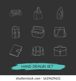 Set of case icons line style symbols with shopper bag, lunch box, backpack and other icons for your web mobile app logo design.