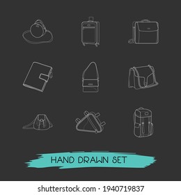 Set of case icons line style symbols with backpack, computer bag, chain bag and other icons for your web mobile app logo design.