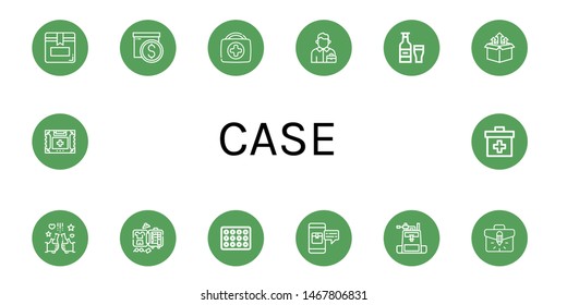 Set of case icons such as Box, First aid kit, Salesman, Beer, Luggage, Beer box, Package, Camera bag, Briefcase , case