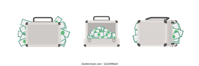 Set of cases full of money isolated on white background. Bundle of briefcases with cash or dollar banknotes. Wealth and prosperity. Colorful vector illustration in modern flat cartoon style.