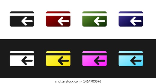 Set Cash back icon isolated on black and white background. Credit card. Financial services, money refund, return on investment, savings account, currency exchange. Vector Illustration
