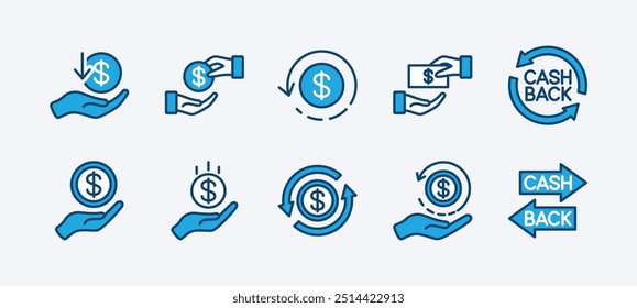 Set of cash back icon vector. Containing change money, rotation arrow sign symbol, refund, convert, deposit coin, purchase transaction, exchange, income, payment, revenue, receive, repay, pay off	