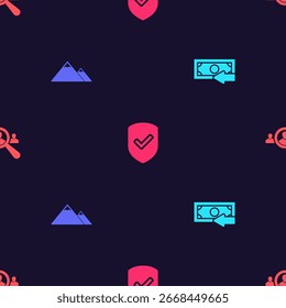 Set Cash back, Montañas, Escudo con marca de verificación y lupa para buscar personas en el patrón sin fisuras. Vector