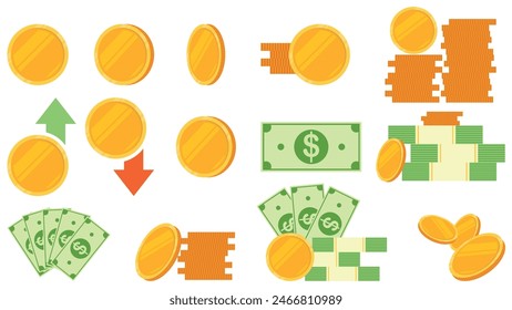 Set with cash bills and golden coins, Banknotes stack, Dollar bill packs and coins pile, Bank and finance, Profit, investment, income