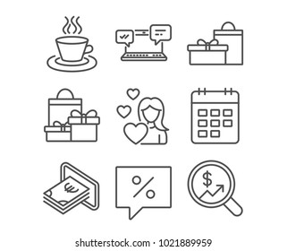 Set of Cash, Calendar and Shopping icons. Tea cup, Gifts and Internet chat signs. Discount message, Love and Currency audit symbols. Atm payment, Event reminder, Holiday packages. Vector