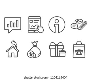 Set of Cash, Keywords and Surprise package icons. Internet report, Analytical chat and Online buying signs. Banking currency, Pencil with key, Present boxes. Vector