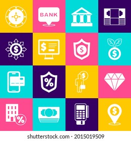 Set Cash location, Diamond, Dollar plant, Bank building, Monitor with dollar, Dollar, share, network, Safe and Shield icon. Vector