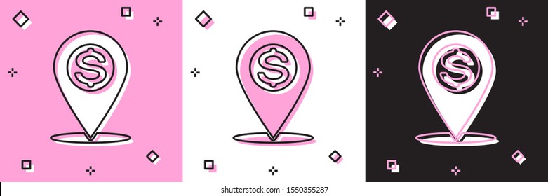 Set Cash location pin icon isolated on pink and white, black background. Pointer and dollar symbol. Money location icon. Business and investment concept.  Vector Illustration