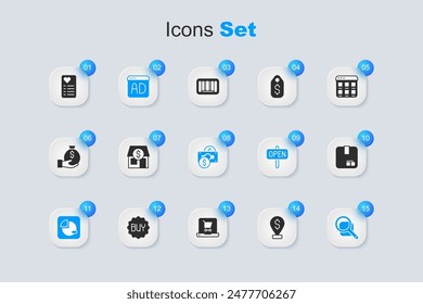 Set Cash location pin, Market store, Advertising, Pie chart infographic, Magnifying glass, Carton cardboard box, Shopping list and Stacks paper money cash icon. Vector