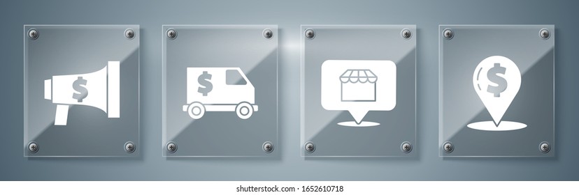 Set Cash location pin, Online shopping concept, Armored truck and Megaphone and dollar. Square glass panels. Vector