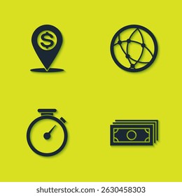 Set Cash location pin, Stacks paper money cash, Stopwatch and Social network icon. Vector