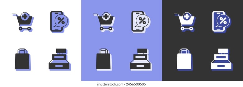 Set Cash register machine, Add to Shopping cart, Paper shopping bag and Percent discount on phone icon. Vector