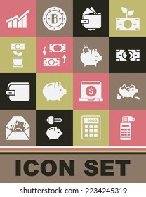 Set Cash register machine, Broken piggy bank, Tearing money banknote, Wallet with, Money exchange, plant the pot, Financial growth increase and Piggy coin icon. Vector